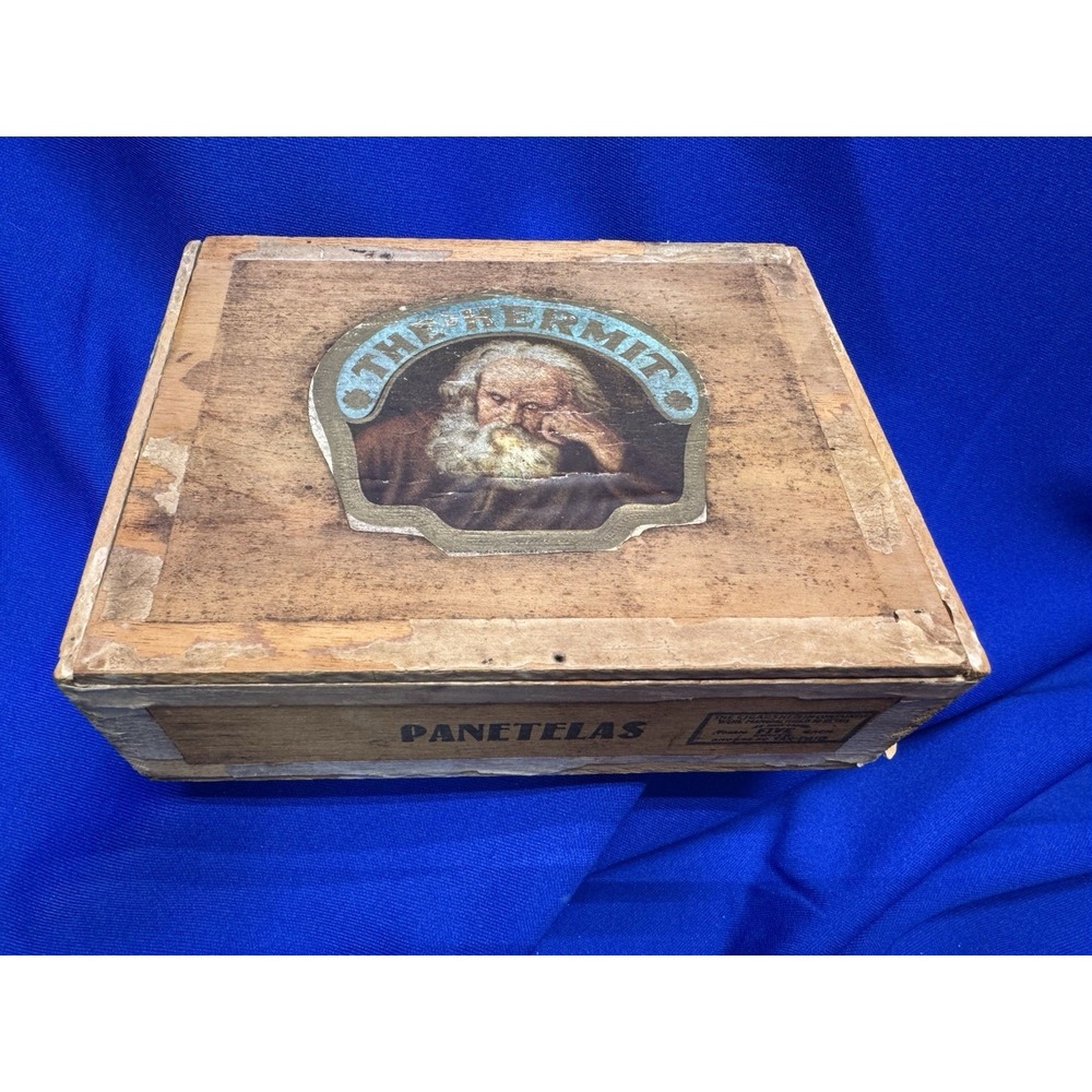 VTG THE HERMIT Wooden Cigar Box Panetelas Factory 319 18th Dist Ohio 5 Cent 1930